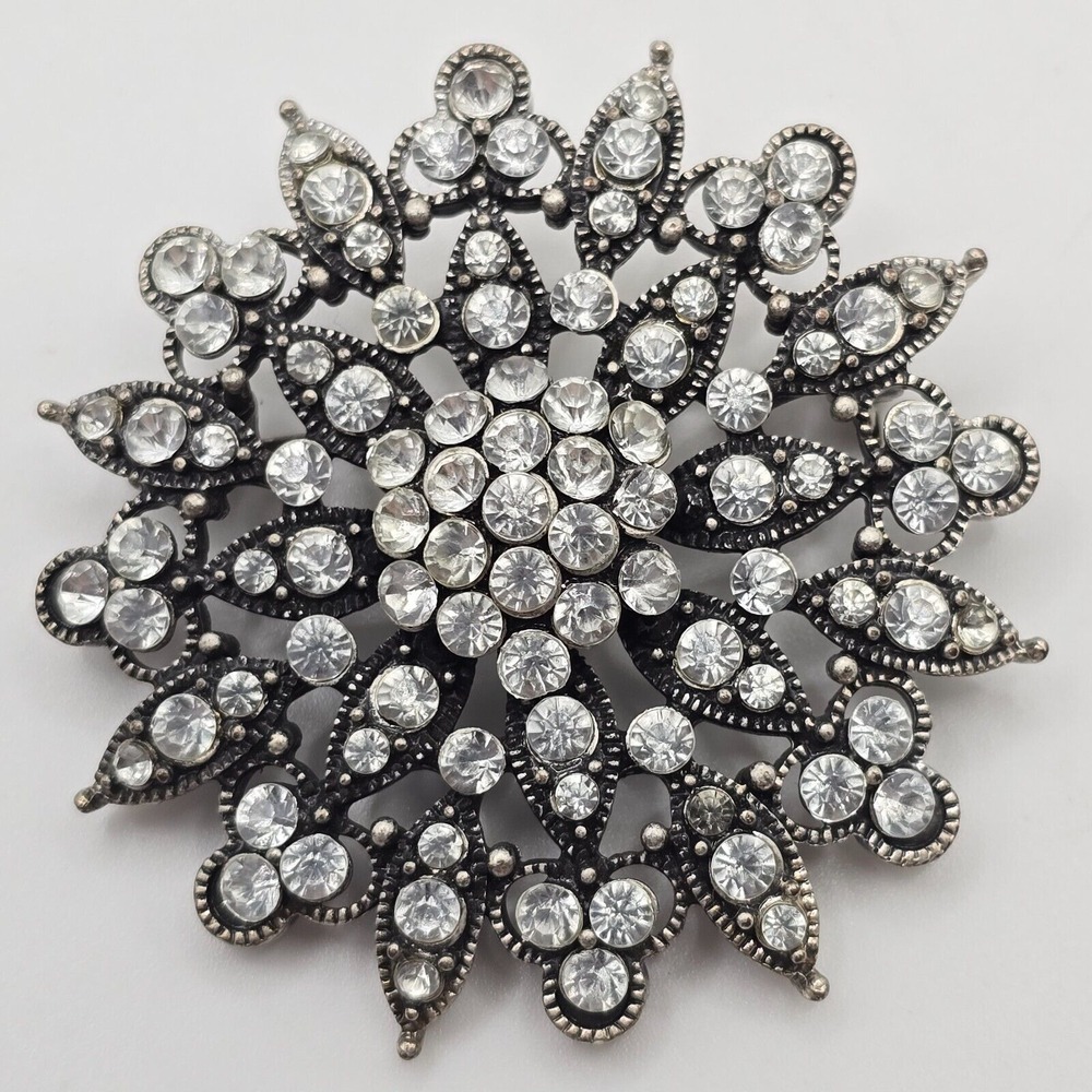 Vintage Sunburst Brooch Women Silver Rhinestone Sparkling Statement